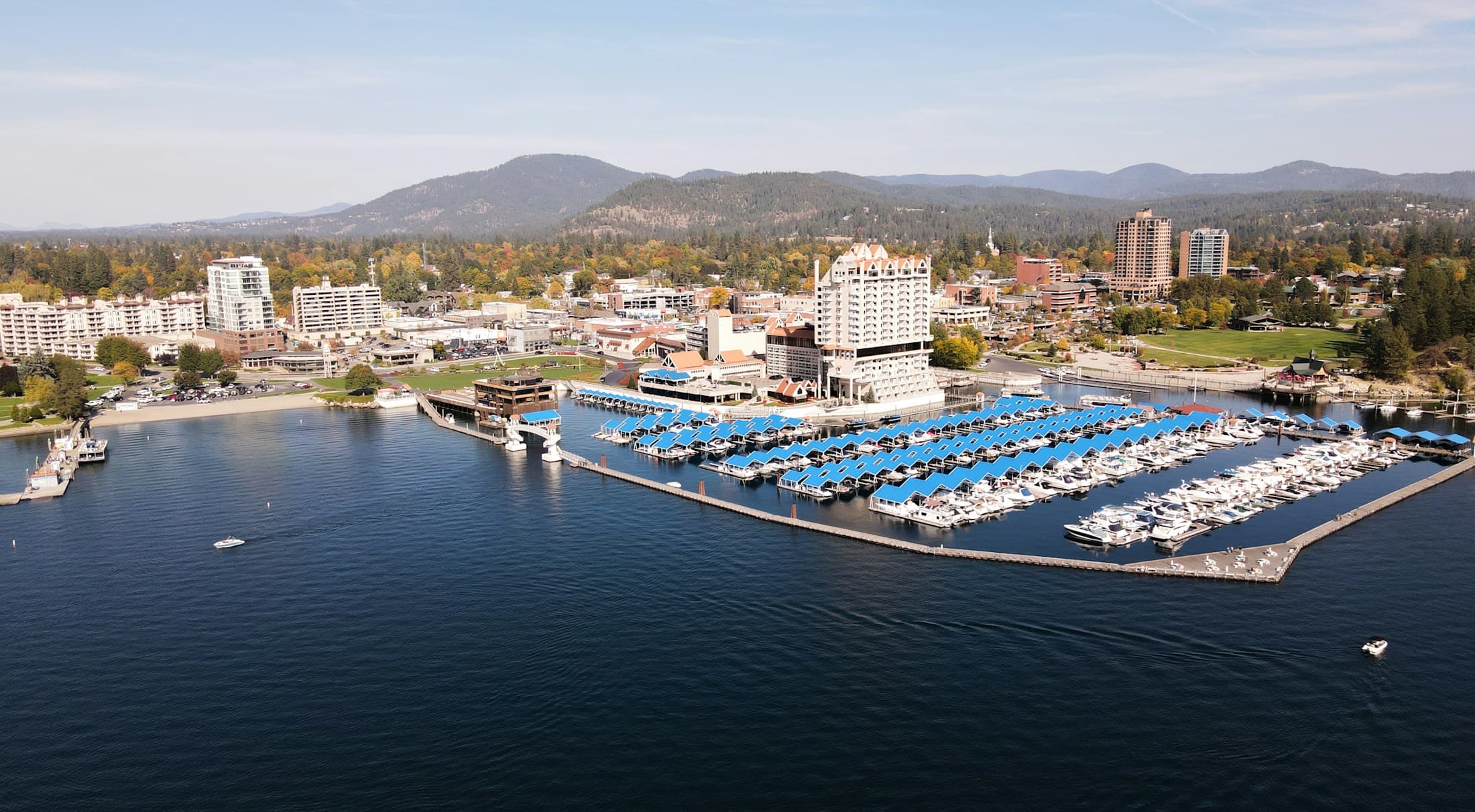 Coeur d’Alene waterfront, resort and marina viewed from the lake